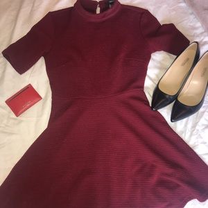 Mock neck dark red skater dress.